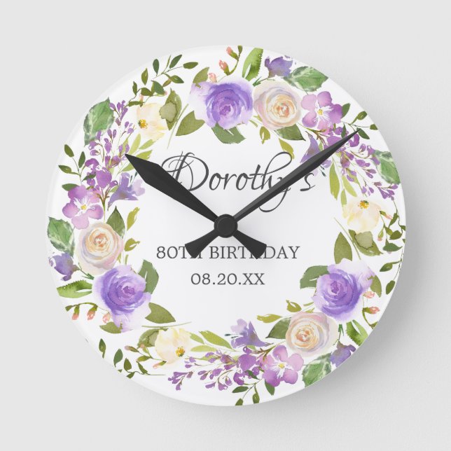 Horloge Ronde 80e anniversaire de Rustic Purple Floral Round Clo (Recto)