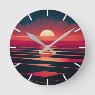 Horloge Ronde 80s Synthwave Red Sea and Vintage Sunset