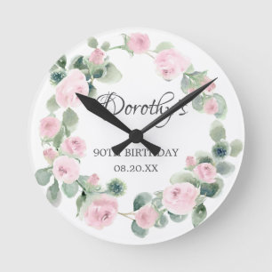 Horloge Ronde 90e anniversaire Pink Rose Floral Eucalyptus Wreat