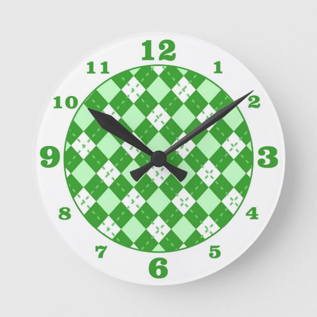 Horloge ronde à carreaux vert argyle (Recto)