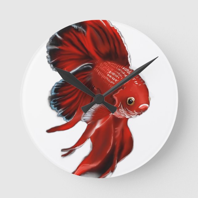 Horloge Ronde A vibrant red betta fish swimming. (Recto)