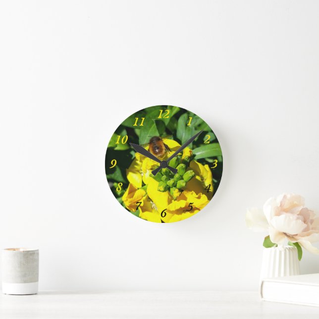 Horloge Ronde Abeille sur Fleurs Jaunes (Maison)