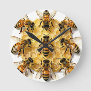 Horloge Ronde Abeilles à Miel sur un Cercle d'Alvéoles Hexagonal