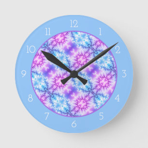 Horloge Ronde Abstract blue purple snowflake pattern blue border