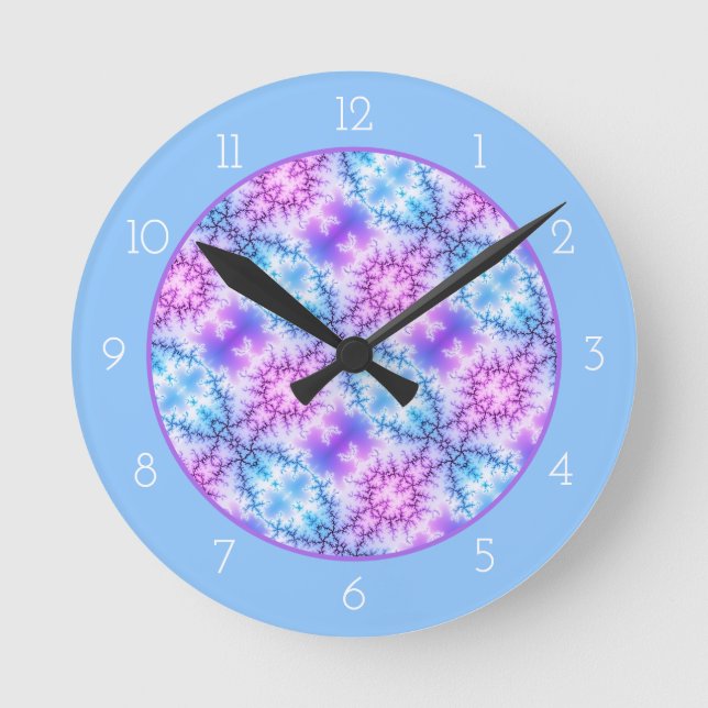 Horloge Ronde Abstract blue purple snowflake pattern blue border (Recto)