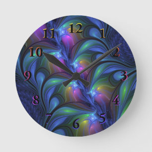 Horloge Ronde Abstrait Bleu Rose Vert Lumineux Coloré Fractal