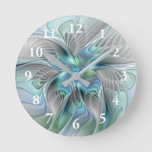 Horloge Ronde Abstrait Bleu Vert Papillon Imaginaire Fractal Art