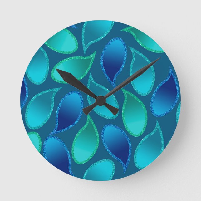 Horloge Ronde Abstrait bleu vert vert turquoise de pluie de paon (Recto)