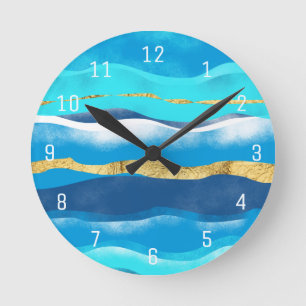 Horloge Ronde Abstrait été Tropical Beach Blue Gold Waves