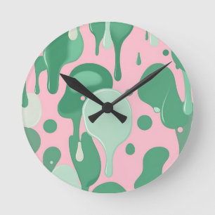 Horloge Ronde Abstrait motif goutte à goutte rose menthe verte f