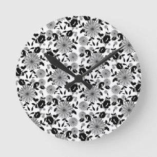 Horloge Ronde Abstrait noir blanc floral gris