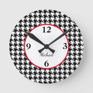 Horloge Ronde Accentuation rouge Motif Houndstooth 8 pouces Acry