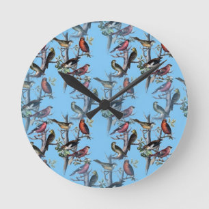 Horloge Ronde Accessoires de motif d'oiseaux d'art vintage bleu 