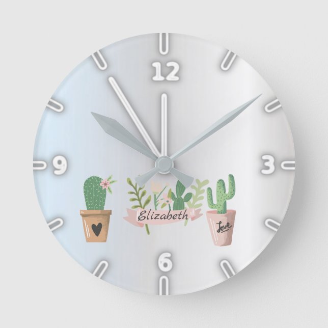 Horloge Ronde Adorable Cactus, Argent (Recto)