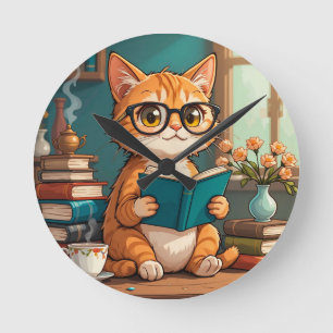 Horloge Ronde Adorable Chat portant des lunettes Lecture d'un li