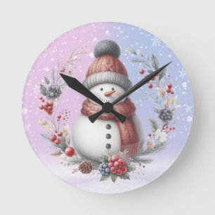 Horloge Ronde Adorable couronne de Noël Snowman