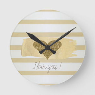 Horloge Ronde Adorable Gold Parties scintillant Coeurs Stripes-J