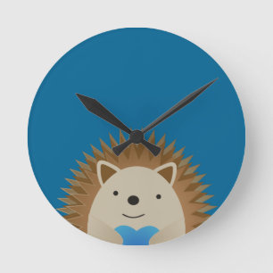 Horloge Ronde Adorable Hérisson embrassant un Coeur Bleu