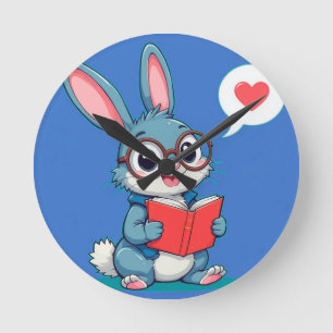 Horloge Ronde Adorable Lapin Portant des lunettes Lecture d'un l