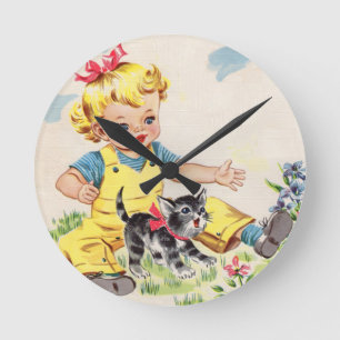 Horloge Ronde adorable petite fille avec adorable petit chaton
