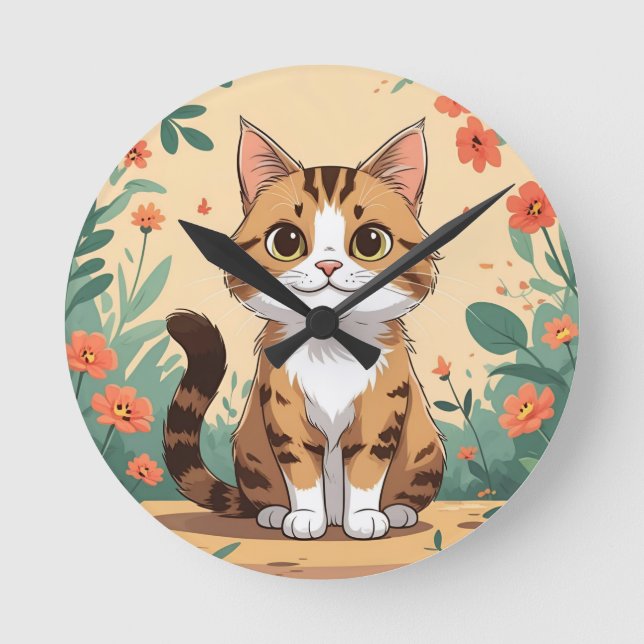 Horloge Ronde Adorable Tabby Cat in Blossom Garden 8" Round Acry (Recto)