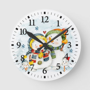 Horloge Ronde Adorables bonhomme de neige et femme de Noël