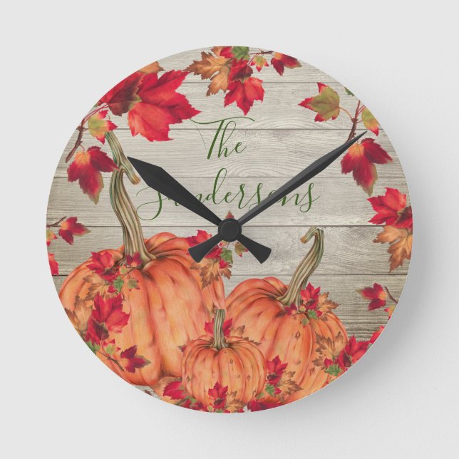 Horloge Ronde Affaire Leaves de Rustic Wood Autumn Orange Pumkin (Recto)