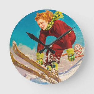 Horloge Ronde Affiche vintage de ski, pullover de ski de dame
