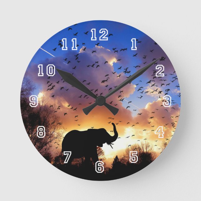 Horloge Ronde African Elephant Silhouette at Sunset Clock (Recto)