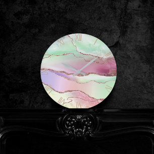 Horloge Ronde Agate de pastèque   Neo Mint Green et Cassis Pink