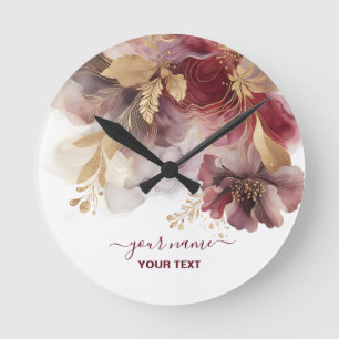 Horloge Ronde Agate floral de Parties scintillant de Bourgogne e