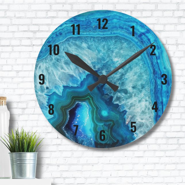 Horloge Ronde Agate moderne en marbre bleu (Cute Trendy Bright Blue Turquoise Crystal Geode Round Clock)