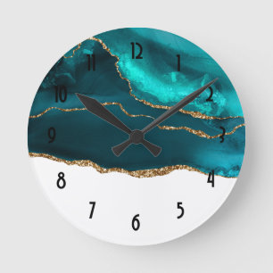 Horloge Ronde Agencement moderne Turquoise & Gold avec Abstrait