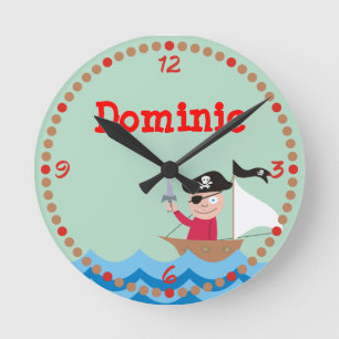 Horloge Ronde Ahoy Matey ! Pirate Personalized Kids Wall Clocks