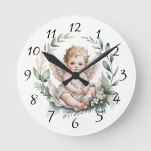 Horloge Ronde Ailes d'ange à l'aquarelle Baptême Vert