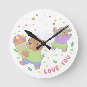 Horloge Ronde Aimez-vous : Ours et lapin en peluche avec fleurs