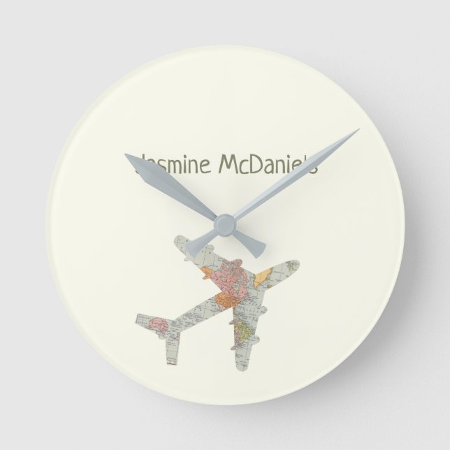 Horloge Ronde Airplane world map custom name (Recto)