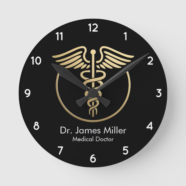 Horloge Ronde Ajouter Votre Nom Médicale Caduceus Symbole Black  (Recto)