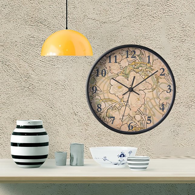 Horloge Ronde Alfonse Mucha Art Nouveau Peonies (Créateur téléchargé)
