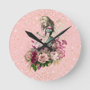 Horloge Ronde Alice à Wonderland on Pink and Gold Glitter