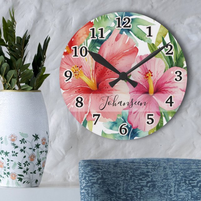 Horloge Ronde Aloha Aloha Hawaiian Red Flowers Nom du script (Créateur téléchargé)