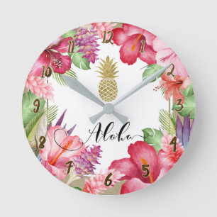 Horloge Ronde Aloha Fleurs Tropicales Floral Chic Gold Pineapple