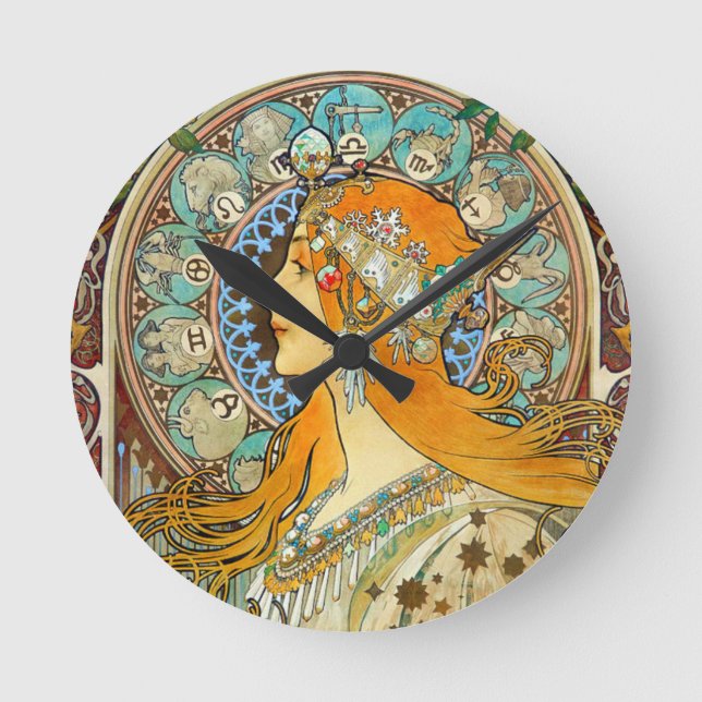 Horloge Ronde Alphonse Mucha Art Nouveau Zodiac (Recto)
