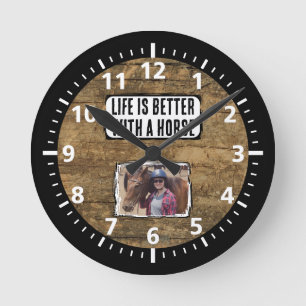 Horloge Ronde Amateur de cheval 1 photo noir blanc rustique