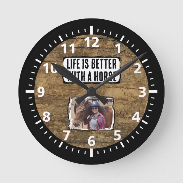 Horloge Ronde Amateur de cheval 1 photo noir blanc rustique (Recto)