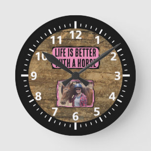 Horloge Ronde Amateur de cheval 1 photo noir rose rustique