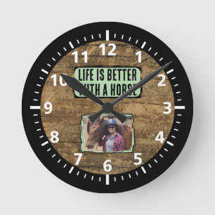 Horloge Ronde Amateur de cheval 1 photo noir vert rustique