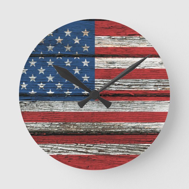Horloge Ronde American Flag with Rough Wood Grain Effet (Recto)