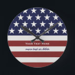 Horloge Ronde American USA Flag Patriotic July 4th Custom<br><div class="desc">American Flag inspecred - Patriotic Red,  White and Blue wall clock personalized with your name,  text,  patriotic saying or just delete the text.  Show your USA pride everyday,  on the 4th of July,  Memorial Day ou Vétéran’s day with this awesome patriotic design.</div>