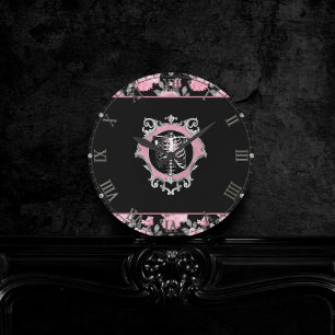 Horloge Ronde Amour gothique   Pink and Black Skeleten Heart Flo